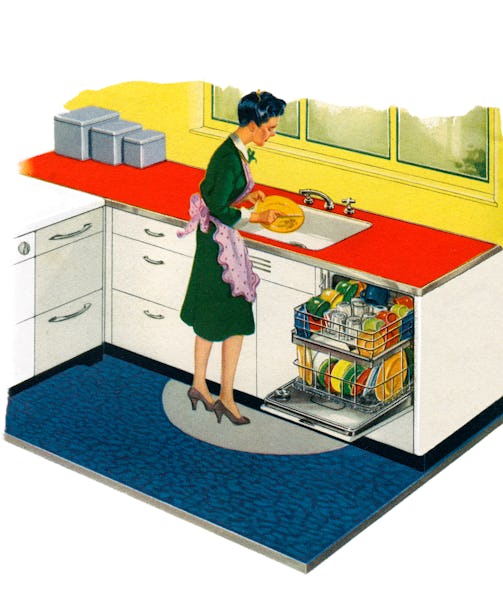 Vintage illustration of a housewife scraping dinner dishes into the sink and loading her dishwasher,...