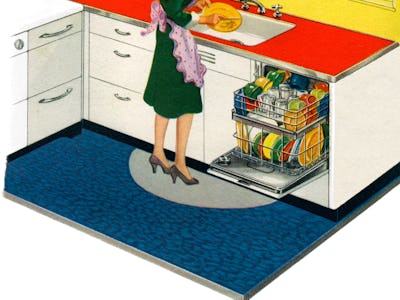 Vintage illustration of a housewife scraping dinner dishes into the sink and loading her dishwasher,...