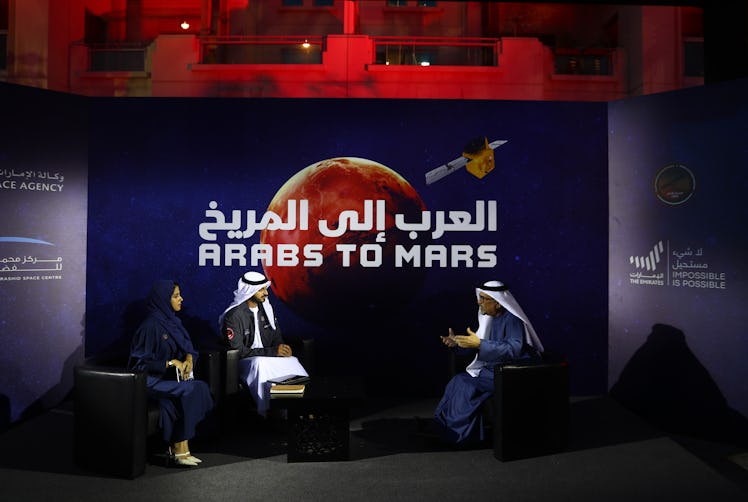 DUBAI, UNITED ARAB EMIRATES - FEBRUARY 09:  Presenters is seen during a live broadcast at Burj Park ...