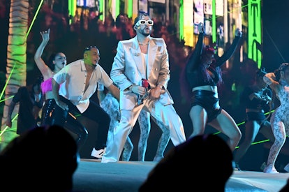 NEW YORK, NEW YORK - AUGUST 28: Bad Bunny performs at Yankee Stadium for the 2022 MTV VMAs broadcast...