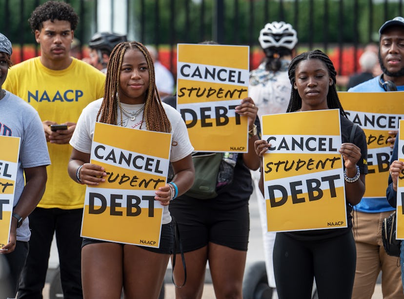 WASHINGTON, DC - AUGUST 25: Student loan debt activists rally outside the White House a day after Pr...