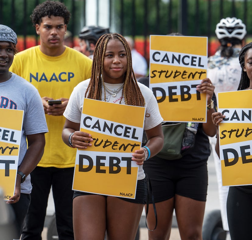 WASHINGTON, DC - AUGUST 25: Student loan debt activists rally outside the White House a day after Pr...