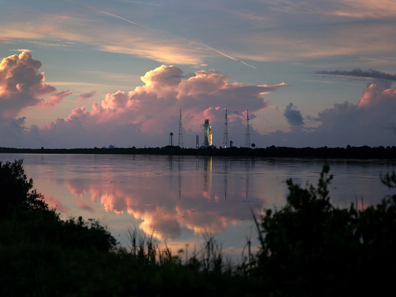 CAPE CANAVERAL, FLORIDA - AUGUST 30: NASA's Artemis I rocket sits on launch pad 39-B at Kennedy Spa...