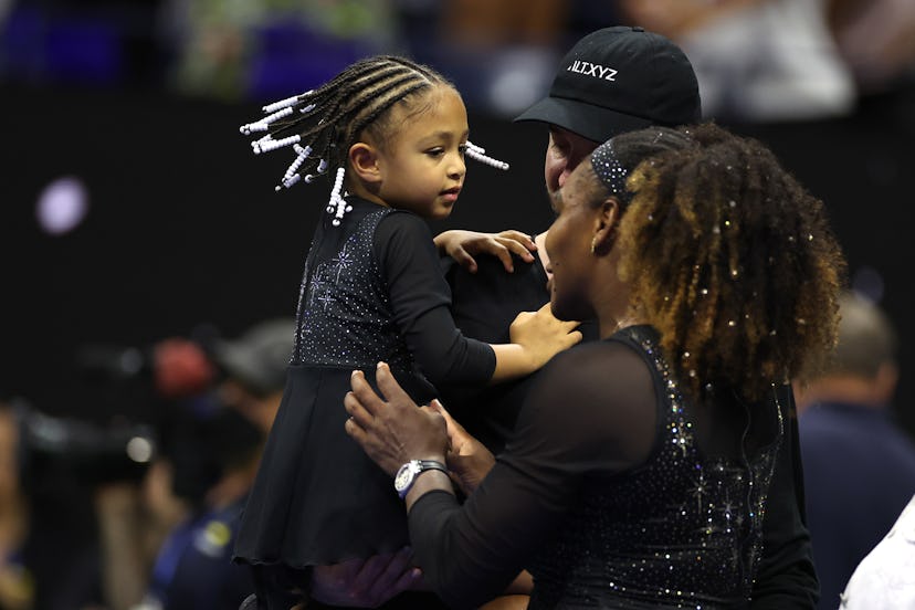 NEW YORK, NEW YORK - AUGUST 29: Serena Williams of the United States is greeted by her daughter Alex...