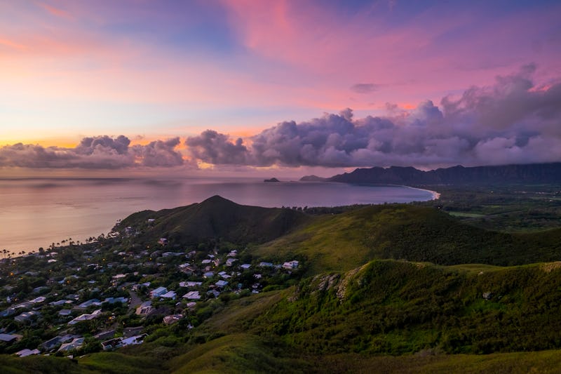 Sunrise from the top of  Pillbox Hike overlooking the small town of Lanikai, Oahu