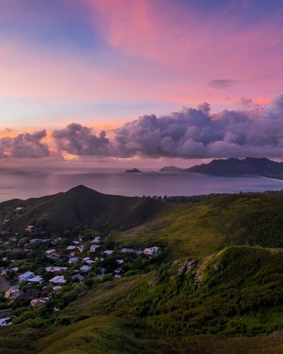 Sunrise from the top of  Pillbox Hike overlooking the small town of Lanikai, Oahu