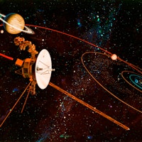 An artist's impression (circa 1977) of the trajectory to be taken by NASA's Voyager 1 and Voyager 2 ...