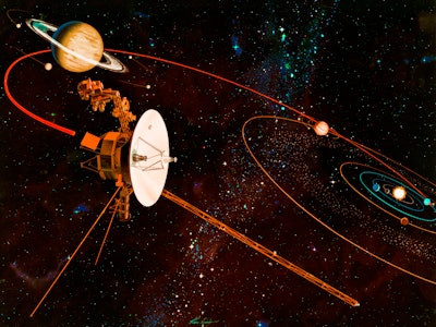 An artist's impression (circa 1977) of the trajectory to be taken by NASA's Voyager 1 and Voyager 2 ...