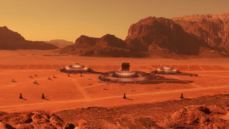 Mars base surrounded by mountains. Red sand and rocks with footprints on the ground. Looking for new...