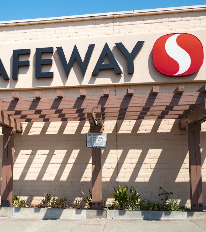 Facade with signage and logo for the Safeway supermarket, open for Labor Day 2022.