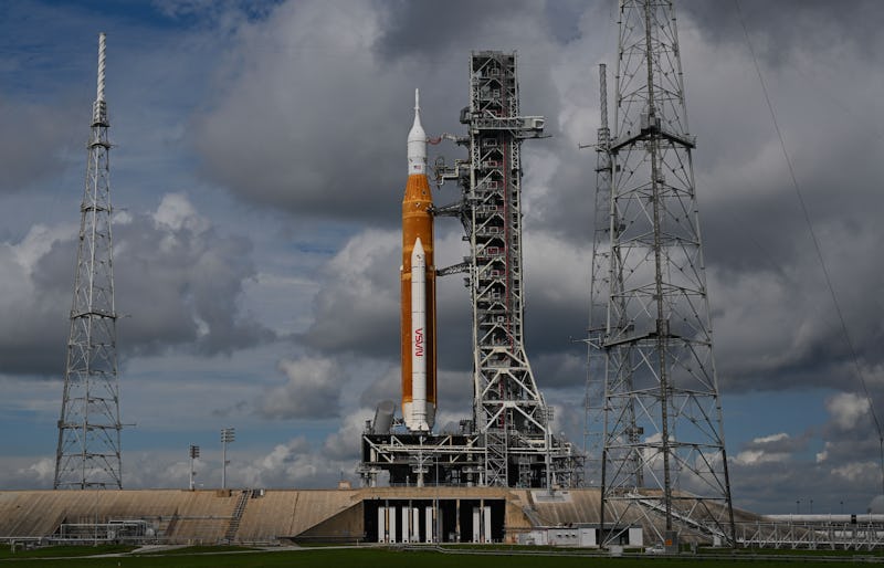 KENNEDY SPACE CENTER, FL - AUGUST 26:  The Artemis I Orion capsule sits atop the Space Launch System...