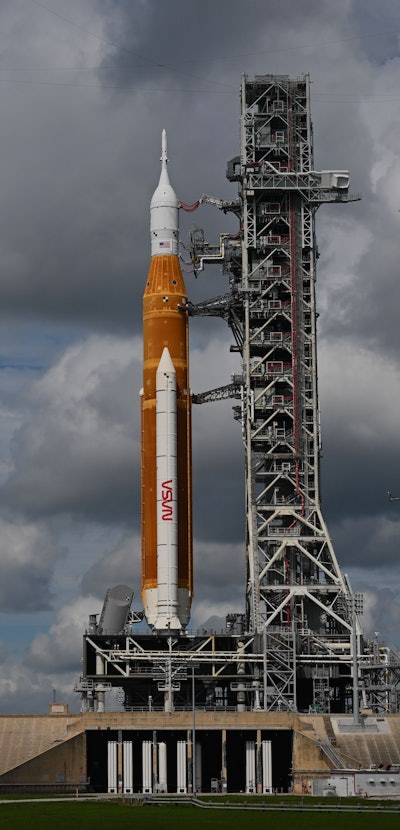 KENNEDY SPACE CENTER, FL - AUGUST 26:  The Artemis I Orion capsule sits atop the Space Launch System...