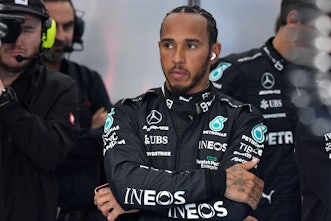 Mercedes' British driver Lewis Hamilton waits ahead of the qualifying session for the Belgian Formul...