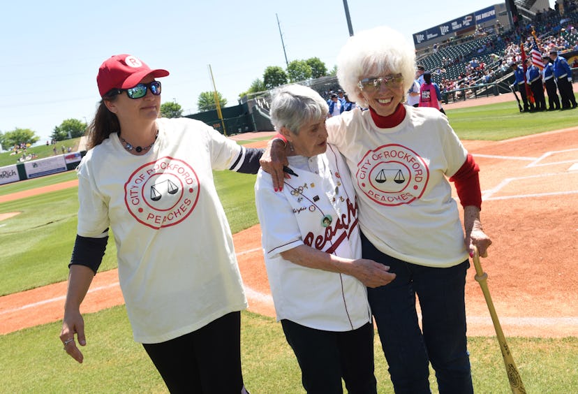 BENTONVILLE, AR - MAY 07: Baseball players Gina Chirpie Casey and Maybelle Blair attend “A League o…