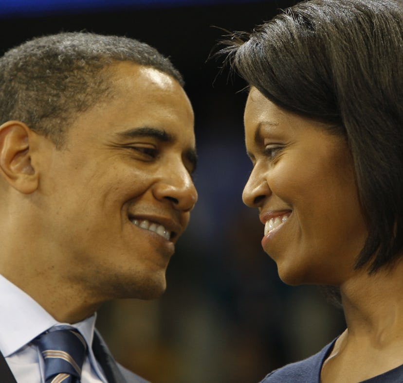 Democratic presidential candidate US Senator Barack Obama and his wife Michelle during a rally at Un...