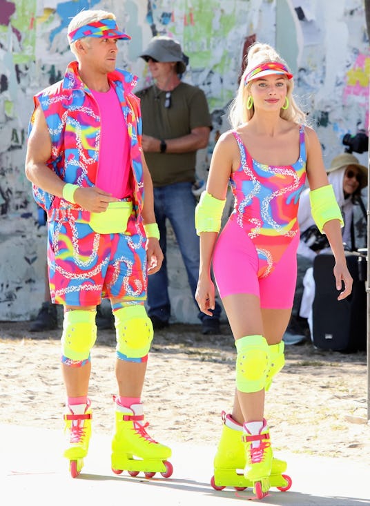 LOS ANGELES, CA - JUNE 28: Margot Robbie and Ryan Gosling are seen rollerblading on the set of "Barb...