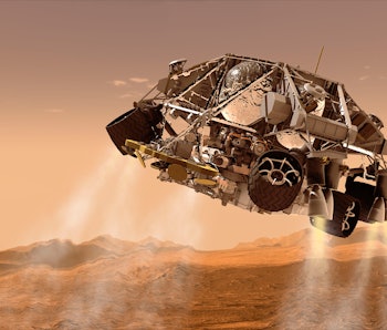 Artist's concept of the rover and descent stage for NASA's Mars Science Laboratory spacecraft during...