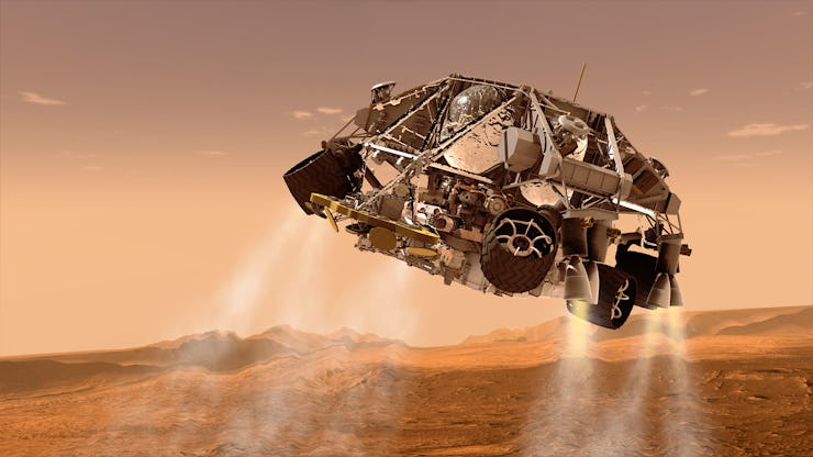 Artist's concept of the rover and descent stage for NASA's Mars Science Laboratory spacecraft during...