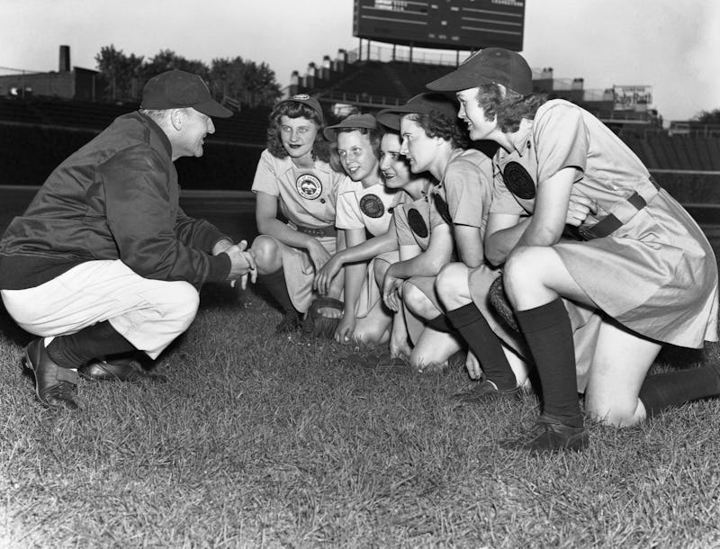 Former hockey player Eddie Stumpf manages the Rockford Peaches of the All-American Girl's Profession...