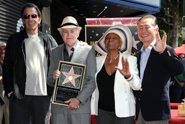 In this September 10, 2012 photo, US actor Leonard Nimoy (L), US actress Nichelle Nichols (2R), and ...