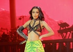 Doja Cat, before shaving her eyebrows on Instagram live, performs onstage at the Coachella Stage dur...