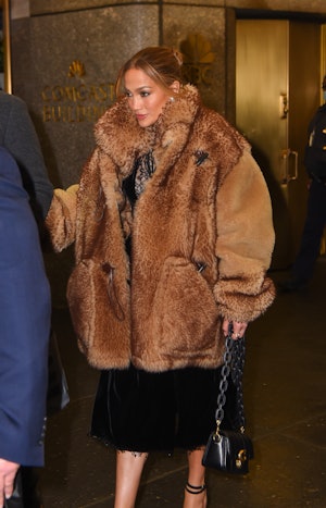 NEW YORK, NEW YORK - FEBRUARY 03: Jennifer Lopez is seen in Manhattan on February 03, 2022 in New Yo...