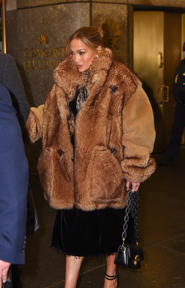 NEW YORK, NEW YORK - FEBRUARY 03: Jennifer Lopez is seen in Manhattan on February 03, 2022 in New Yo...