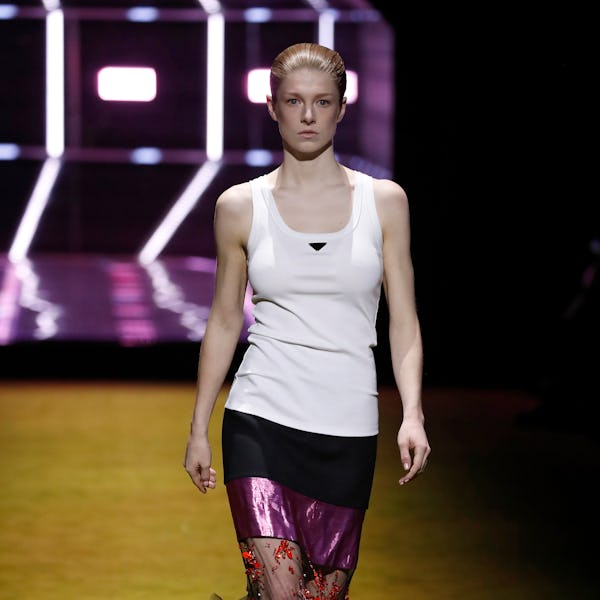 A model walks the runway at the Prada fashion show during the Milan Fashion Week Fall/Winter 2022/20...