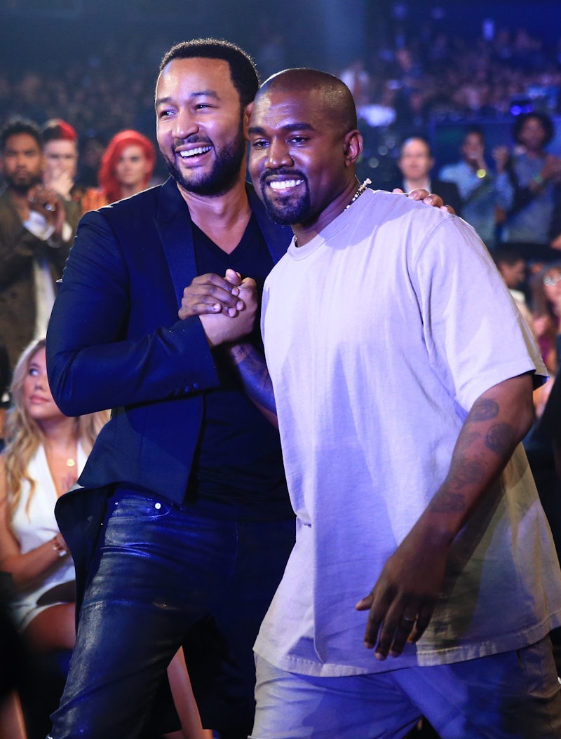 LOS ANGELES, CA - AUGUST 30:  Recording artists John Legend (L) and Kanye West attend the 2015 MTV V...