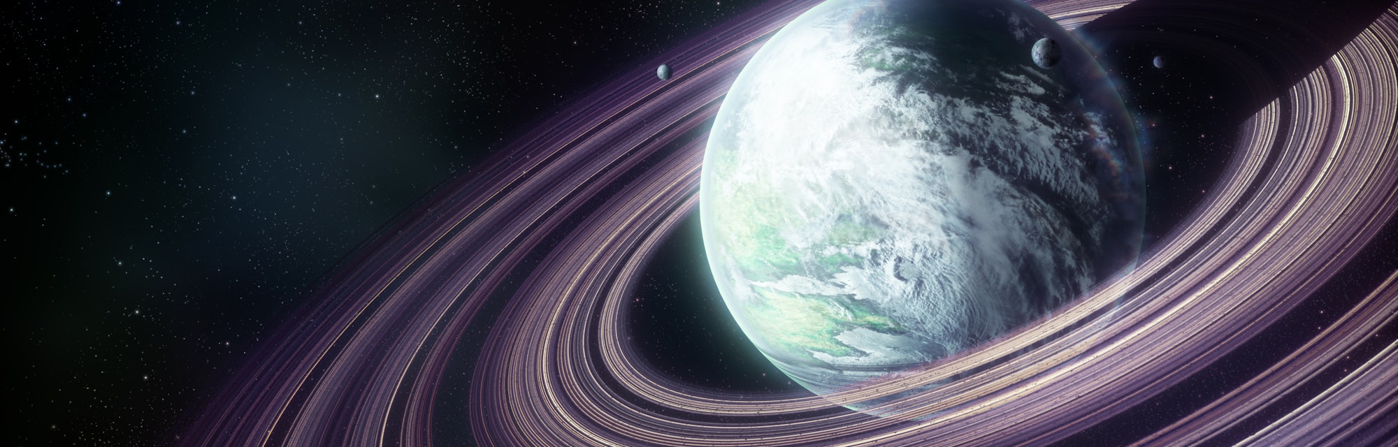 Digital painting of a planet with rings and small moons