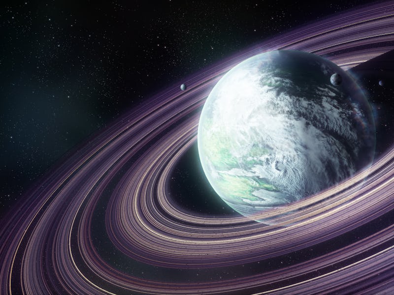 Digital painting of a planet with rings and small moons