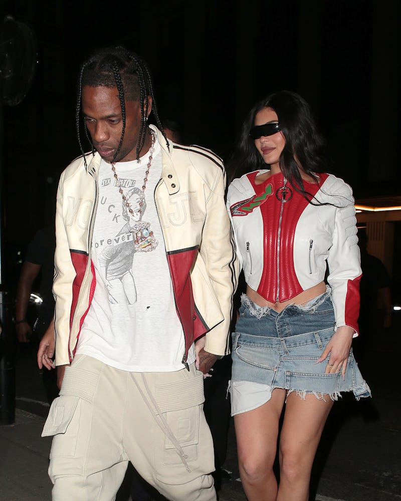 LONDON, ENGLAND - AUGUST 06: Travis Scott and Kylie Jenner are seen on a night out at The Twenty Tw...