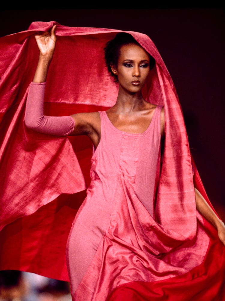 Iman at the Issey Miyake fashion show, Ready-to-wear, Spring-Summer 1985 collection in Paris on Octo...
