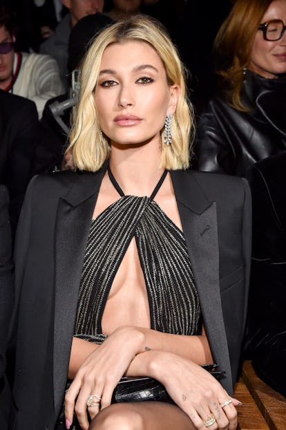 Hailey Bieber wears a bob haircut to the Saint Laurent in Paris in 2020.