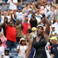 TORONTO, ON - AUGUST 8  -  Serena Williams of the United States raises her arms after she defeats Nu...