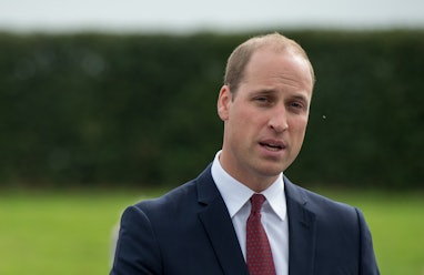 MILTON KEYNES, ENGLAND - SEPTEMBER 26: Prince William, The Duke of Cambridge speaks on a podium to g...