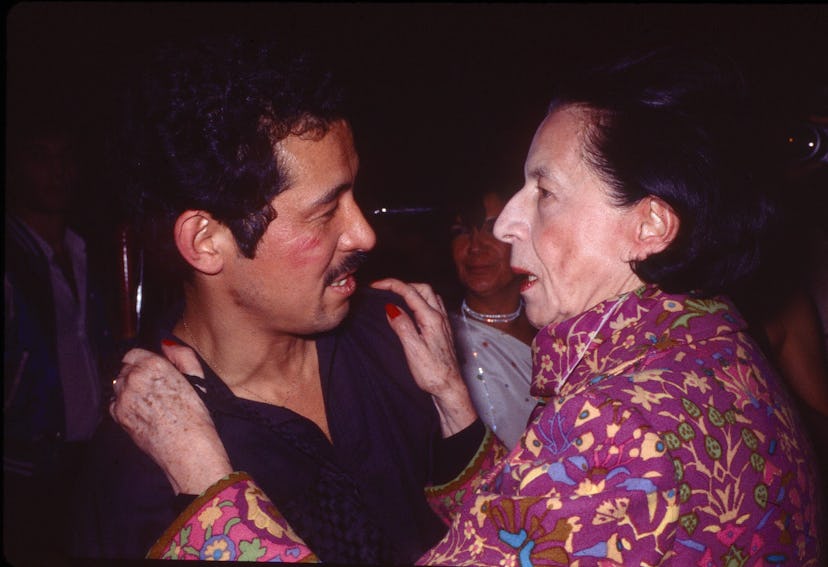 View of Japanese fashion designer Issey Miyake and French-born American fashion editor Diana Vreelan...