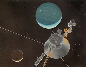 Painting of Voyager 2 spacecraft as it looks back upon Neptune and its moon Triton. (Photo by © CORB...