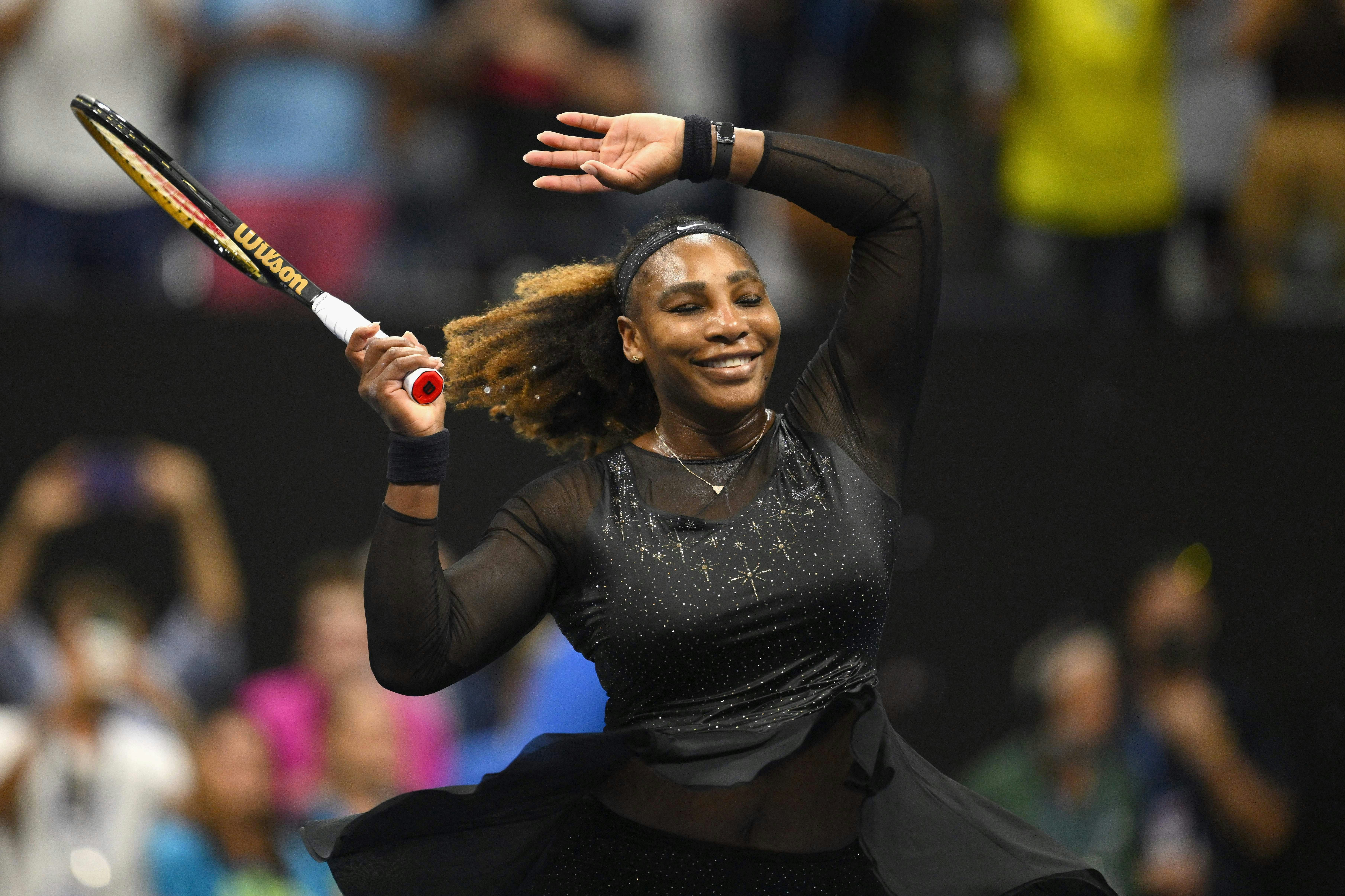 USA's Serena Williams celebrates her win against Estonia's Anett Kontaveit during their 2022 US Open...