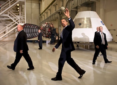 CAPE CANAVERAL, FL -  APRIL 15:  U.S. President Barack (C)Obama waves after speaking at the Operatio...