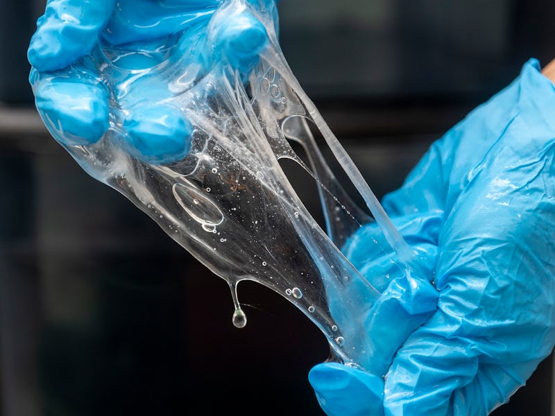 ORANGE, CA - JUNE 10: Dr. Yu Zeng holds the slime given off as a defense mechanism of the hagfish at...