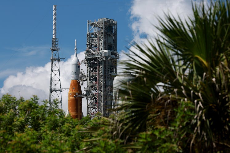 CAPE CANAVERAL, FLORIDA - SEPTEMBER 01:  NASA's Artemis I rocket sits on launch pad 39-B at Kennedy ...