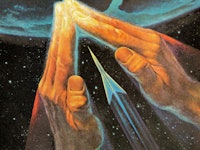 Large Hands Guiding a Rocketship in Space