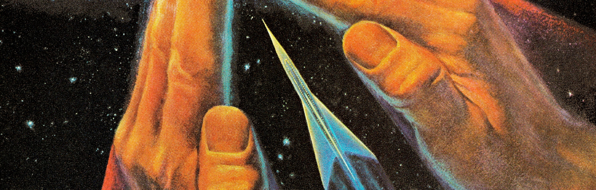 Large Hands Guiding a Rocketship in Space