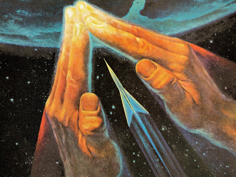 Large Hands Guiding a Rocketship in Space