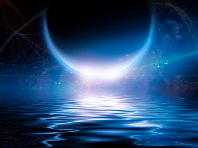 Exosolar planet rising over quiet waters.