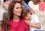 LONDON, ENGLAND - JUNE 05: Catherine, Duchess of Cambridge and Prince Louis of Cambridge watch the P...
