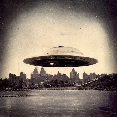A retouched image of a UFO landing