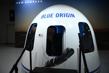 A full-size model of Blue Origin's crew capsule is on display on October 13, 2021, in Van Horn, Texa...