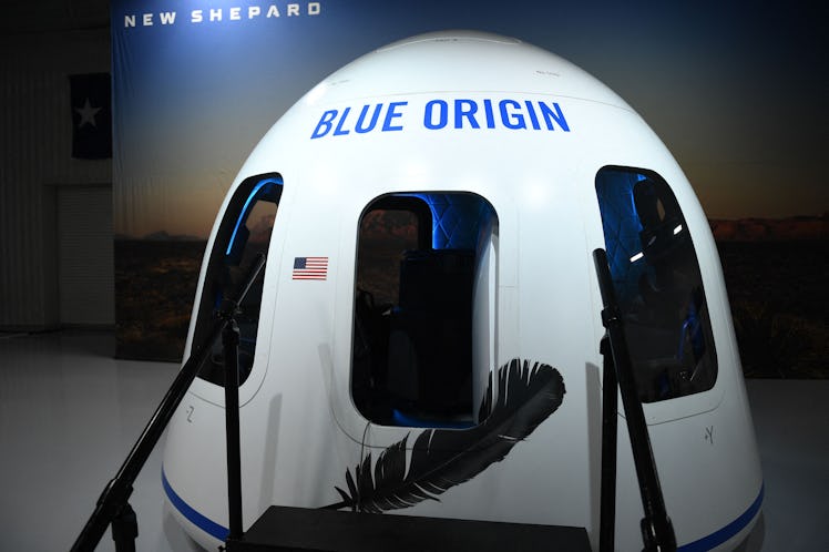 A full-size model of Blue Origin's crew capsule is on display on October 13, 2021, in Van Horn, Texa...